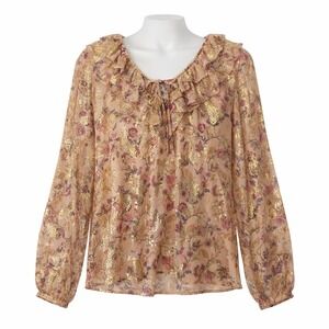LOFT Womens Floral Ruffle Neck Long Sleeve Blouse Gold Pink Metallic Size XLNew